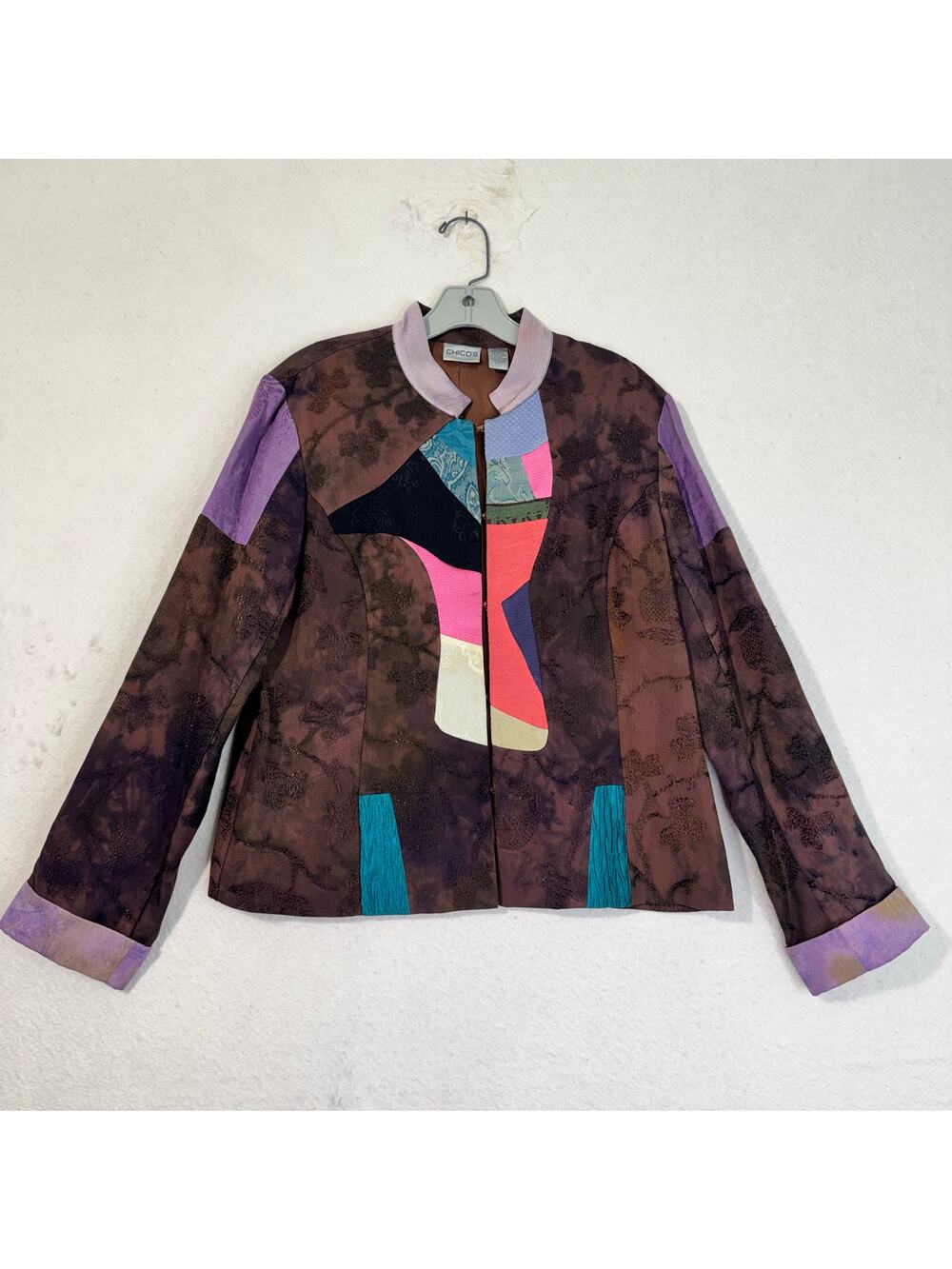 Chico’s Colorful Brown Patchwork Tapestry Lined Silk Blend Blazer Jacket 1/Med